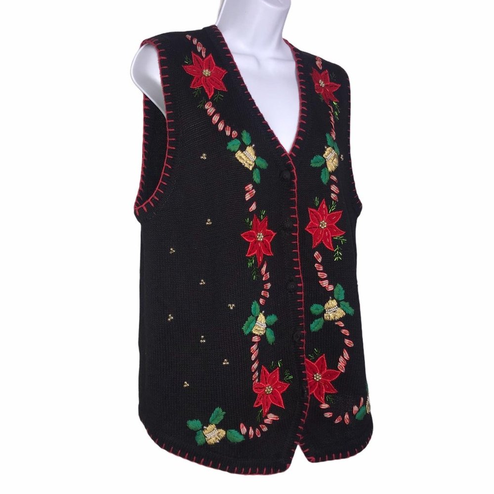 Vintage Ship N’ Shore Poinsettia Ugly Christmas Holiday Cardigan Sweater Vest L - Picture 5 of 9
